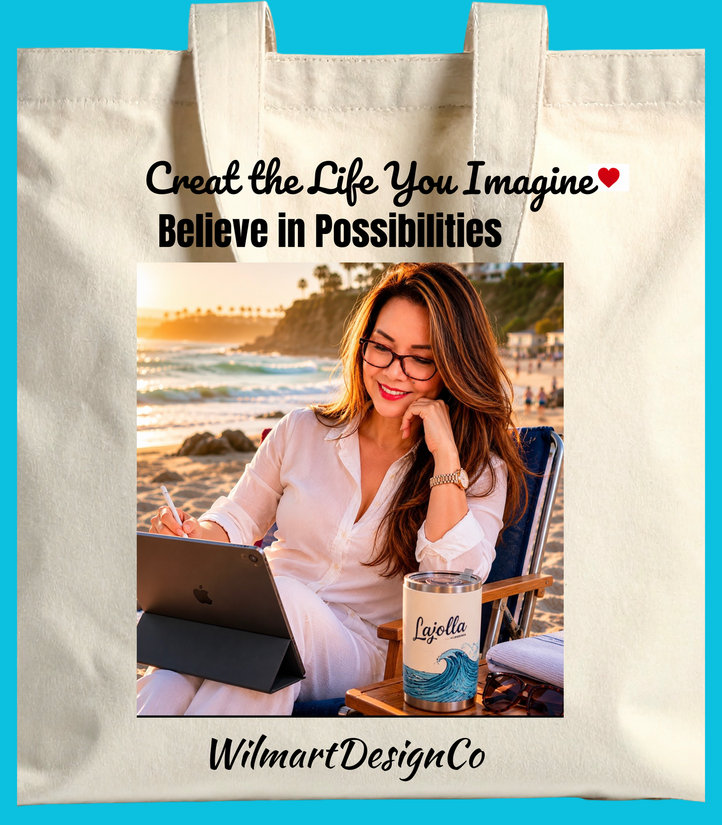 Canvas Tote Bag — Inspirational Photo "Create the Life You Imagine" Personalized Beach Tote